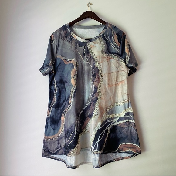 Women’s Tunic Top Relaxed Tshirt Crew Neck Fashion Marble Print Size XL - 3XL - Picture 2 of 9